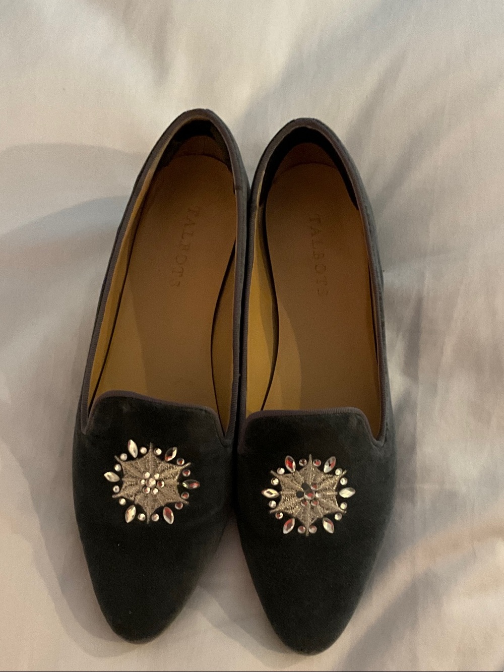 Talbots Gray Velvet Loafers with Crystal Medallions